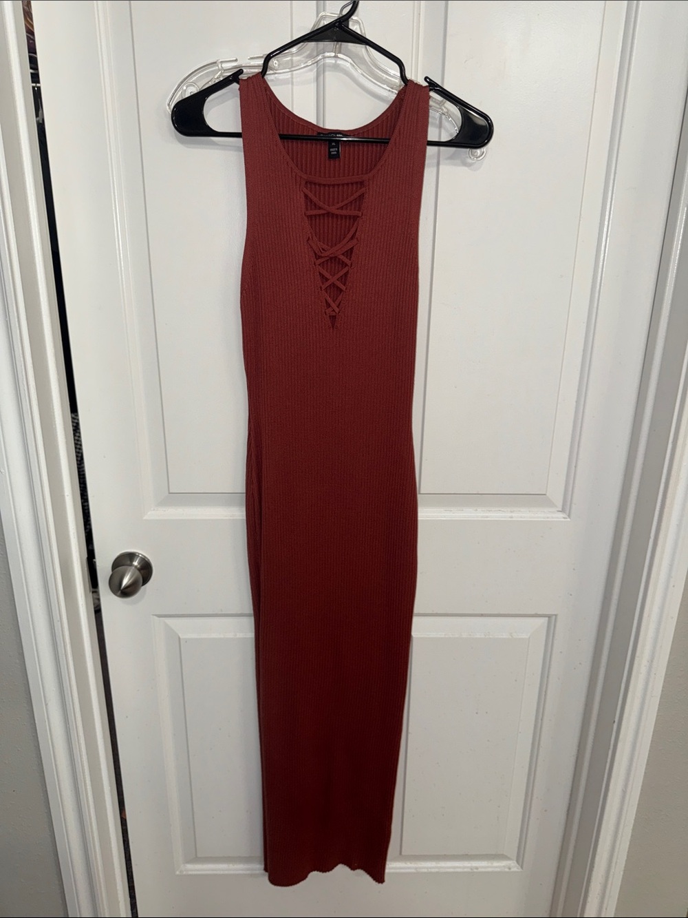 Fashion Nova Rust Lace-Up Ribbed Maxi Dress